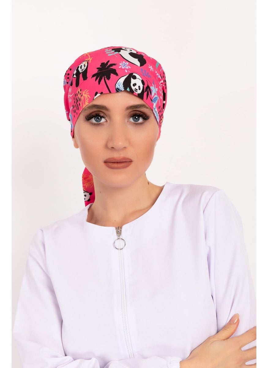 Nur Medikal Giyim Nur Medical Clothing Pink Panda Patterned Hijab Doctor Nurse Hospital Cook Surgical Cap  - Image 2