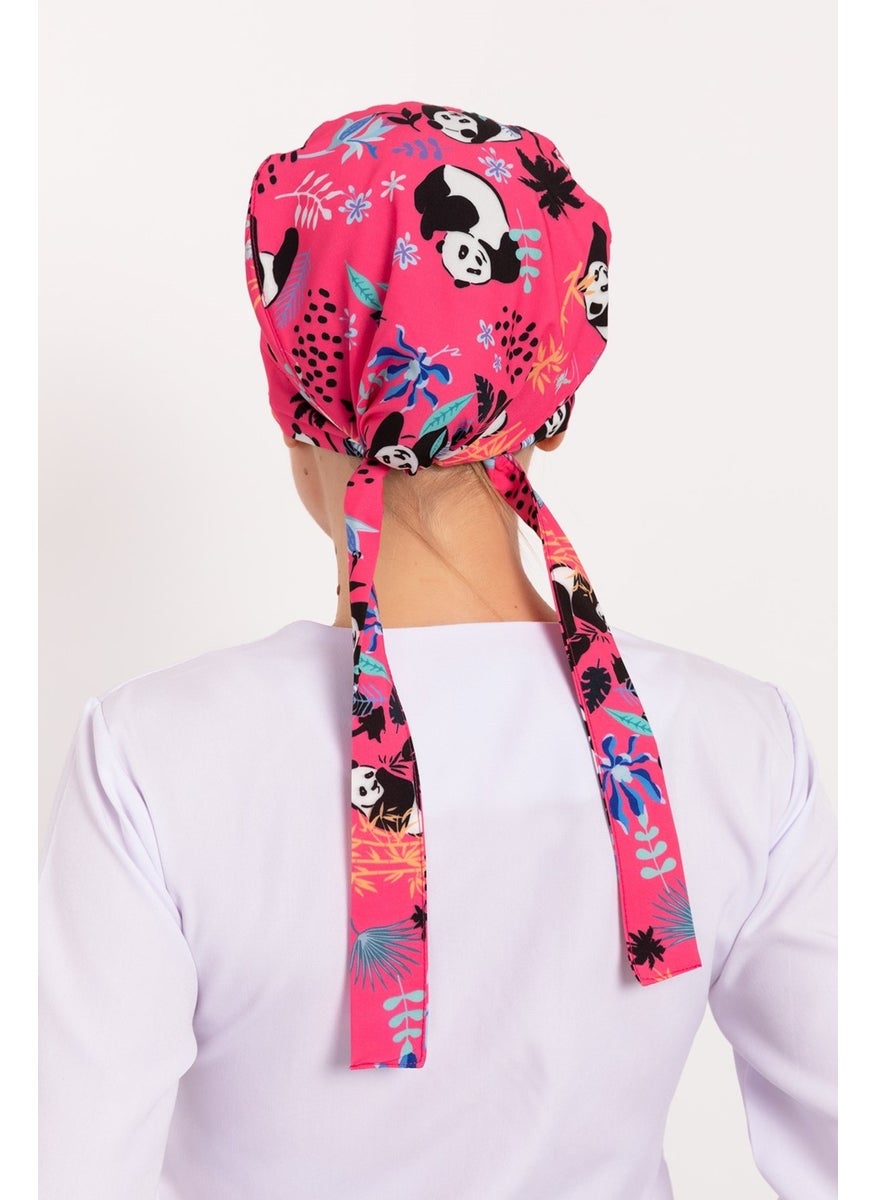 Nur Medikal Giyim Nur Medical Clothing Pink Panda Patterned Hijab Doctor Nurse Hospital Cook Surgical Cap  - Image 3