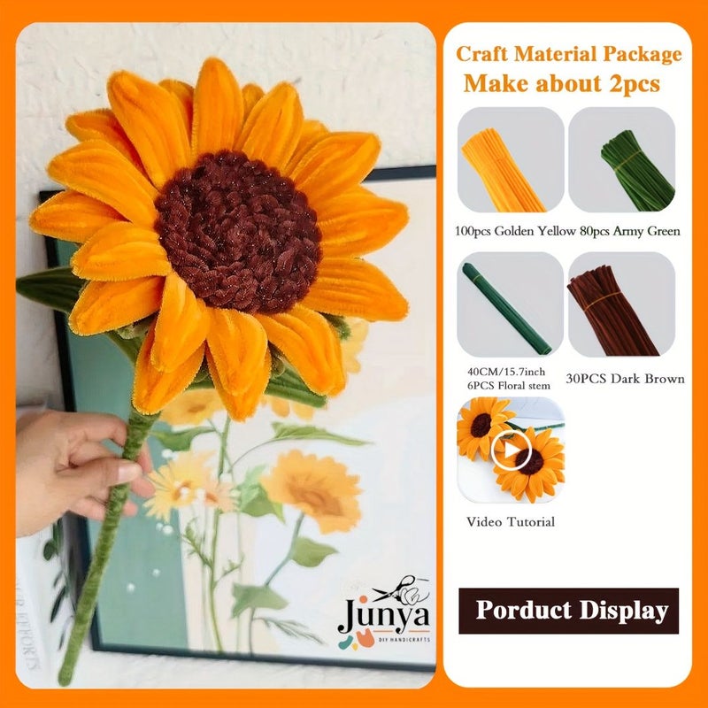 216 Pieces Medium Sunflower Pipe Cleaner Bouquet Set with 210 Pipe Cleaners 6 Floral Stem Upgraded DIY Craft Kit for Mother's Day Graduation Home Decorations And Holiday Gifts - Image 1