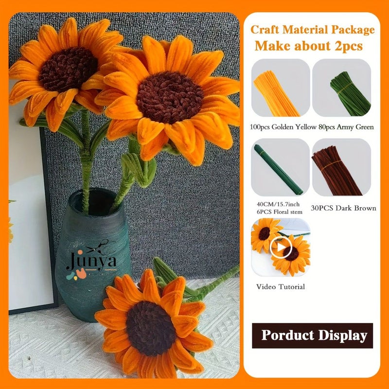 216 Pieces Medium Sunflower Pipe Cleaner Bouquet Set with 210 Pipe Cleaners 6 Floral Stem Upgraded DIY Craft Kit for Mother's Day Graduation Home Decorations And Holiday Gifts - Image 2