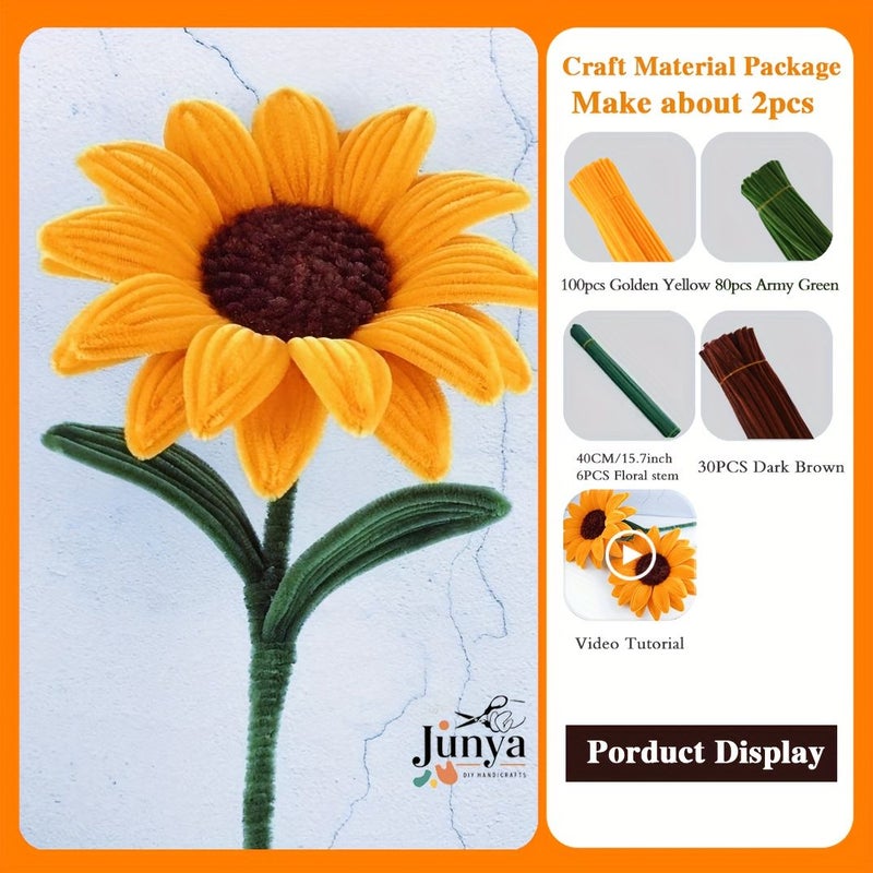 216 Pieces Medium Sunflower Pipe Cleaner Bouquet Set with 210 Pipe Cleaners 6 Floral Stem Upgraded DIY Craft Kit for Mother's Day Graduation Home Decorations And Holiday Gifts - Image 4