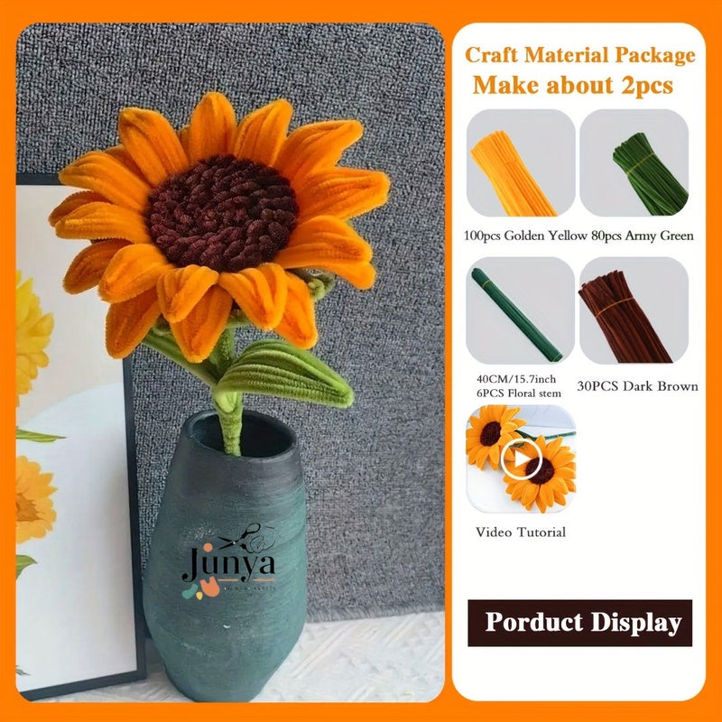 216 Pieces Medium Sunflower Pipe Cleaner Bouquet Set with 210 Pipe Cleaners 6 Floral Stem Upgraded DIY Craft Kit for Mother's Day Graduation Home Decorations And Holiday Gifts - Image 3
