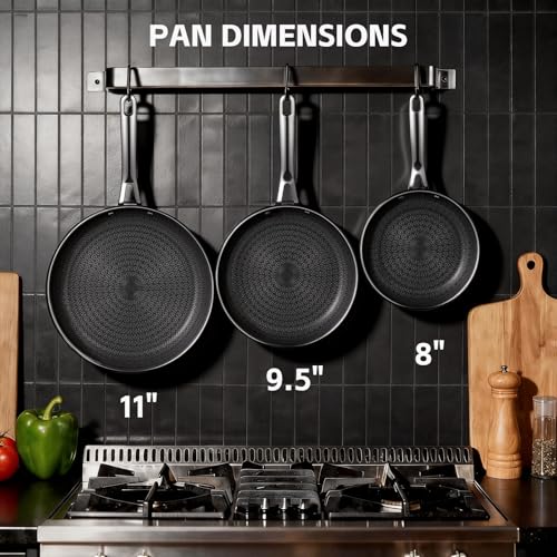 Ammeloo Hybrid Tri-Ply Stainless Steel Frying Pan Set, 8"/9.5"/11" Cooking Pans, Non Stick Frying Pans and Skillets, Chef Pan, Non Toxic, Dishwasher Safe, Induction Compatible, Black Interior - Image 2
