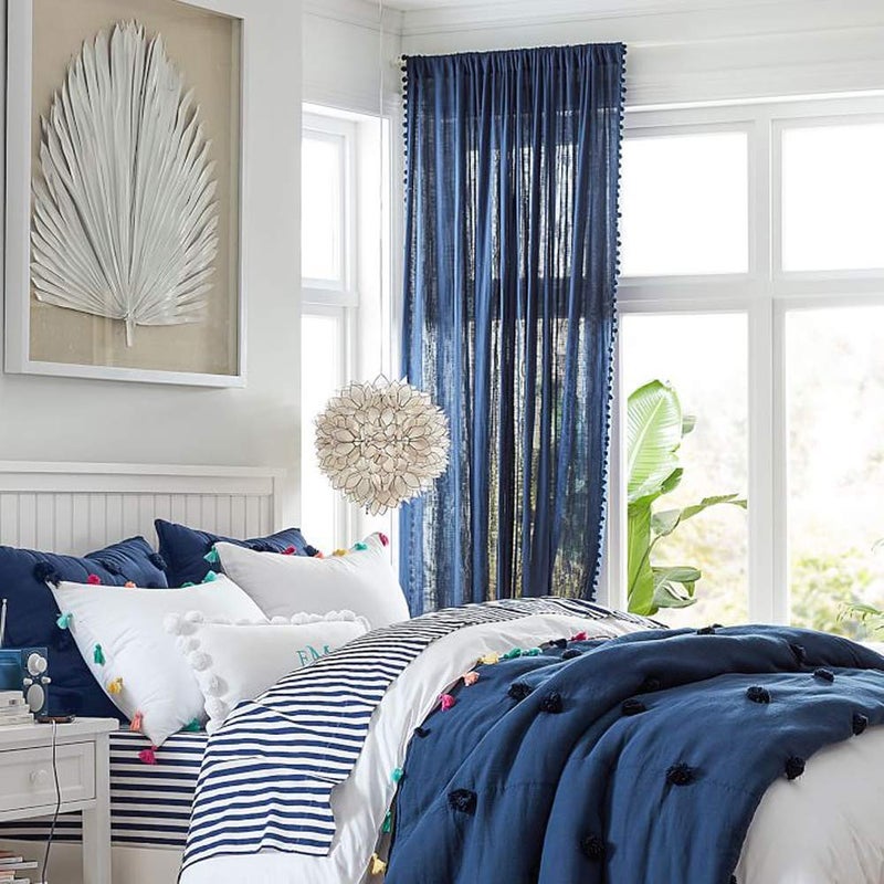 Treatmentex PomPom NavyBlue Sheer Curtains for Bedroom Windows 84inches Long Linen Textured Look Sheer Drapes for Living Room 52 w x 2Pack