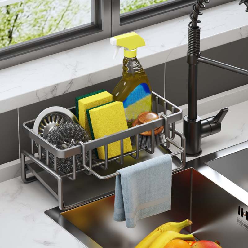 Kitchen Rust Stainless Steel Sink Caddy with Auto Draining Tray, Gray - Image 1