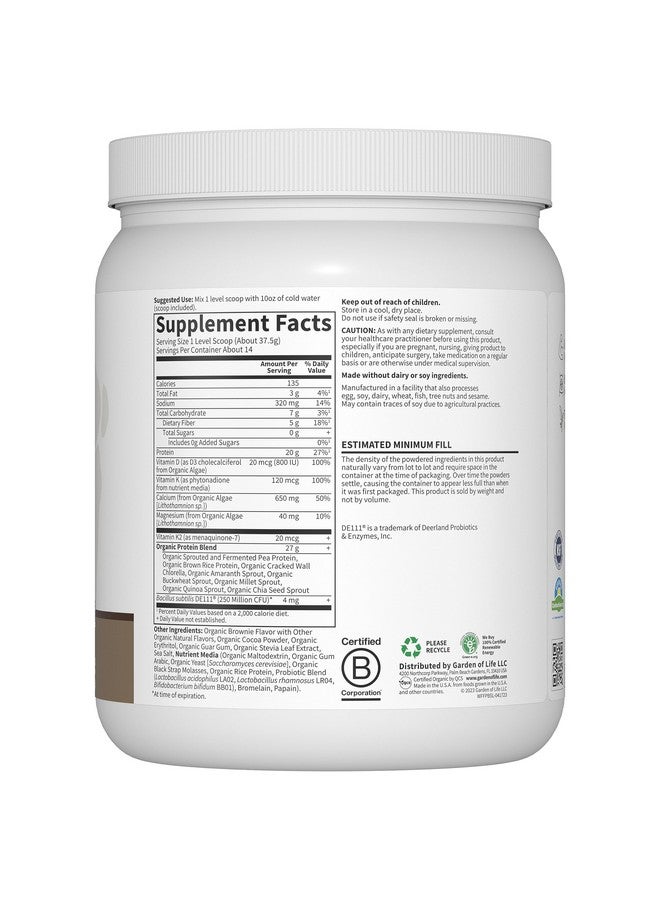 Garden Of Life Organic Vegan Protein Powder, 20G Plant Based Protein With Calcium, D3, K2 Mk-7 & Magnesium For Bone Strength, Prebiotics & Probiotics For Digestion, Brownie Bites Flavor, 14 Servings