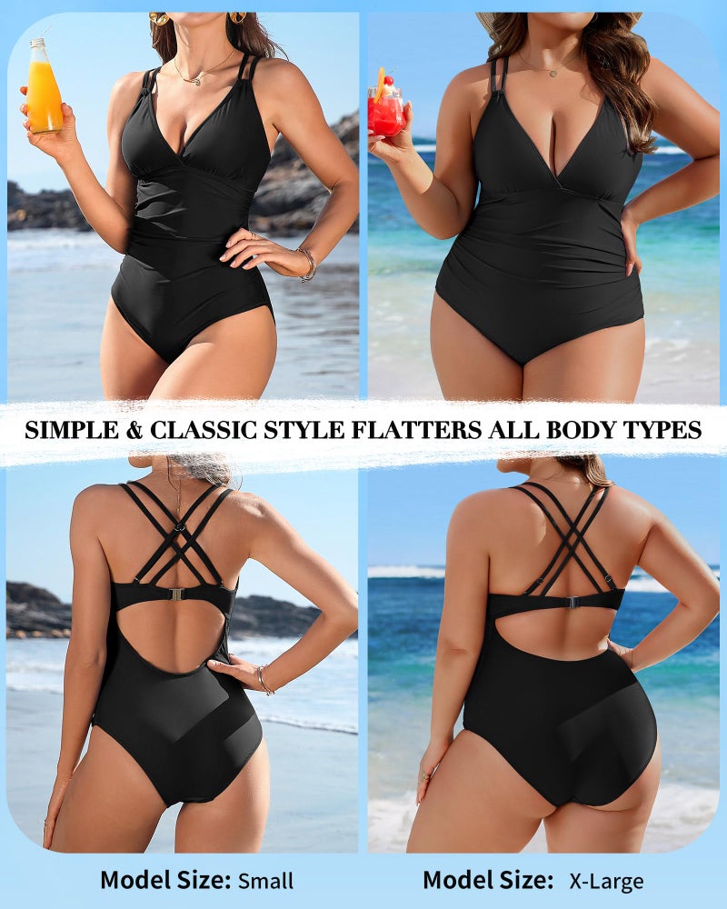 Charmo Tummy Control One Piece Swimsuits for Women Ruched Bathing Suits Padded High Cut Monokini Black X-Large - Image 5
