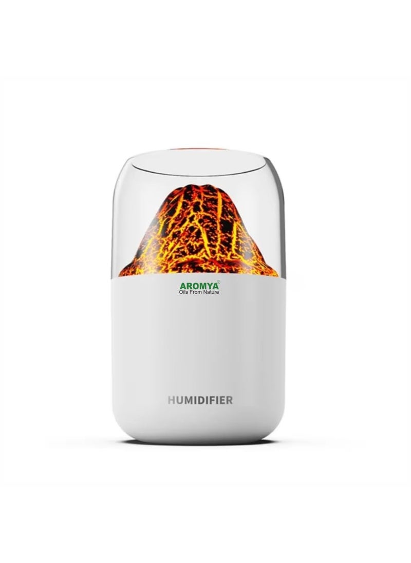Aromya - oils from nature Aromya oils from nature Mini Volcano Humidifier with LED Flame Effect Ultrasonic Cool Mist and Essential Oil Diffuser 300ml White Design for Home Office Bedroom White Volacano  - Image 1