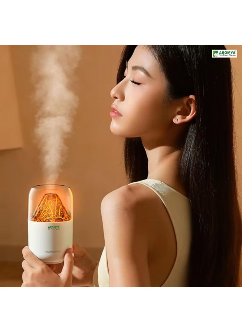 Aromya - oils from nature Aromya oils from nature Mini Volcano Humidifier with LED Flame Effect Ultrasonic Cool Mist and Essential Oil Diffuser 300ml White Design for Home Office Bedroom White Volacano  - Image 3