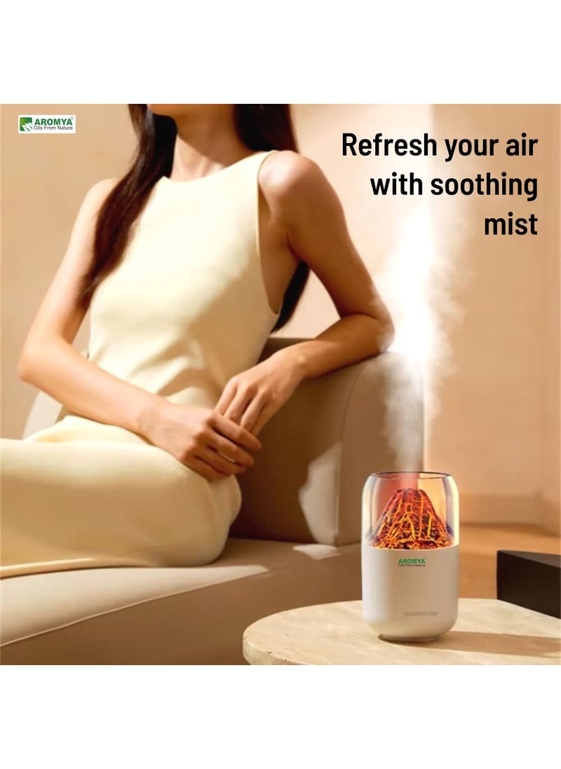 Aromya - oils from nature Aromya oils from nature Mini Volcano Humidifier with LED Flame Effect Ultrasonic Cool Mist and Essential Oil Diffuser 300ml White Design for Home Office Bedroom White Volacano  - Image 4