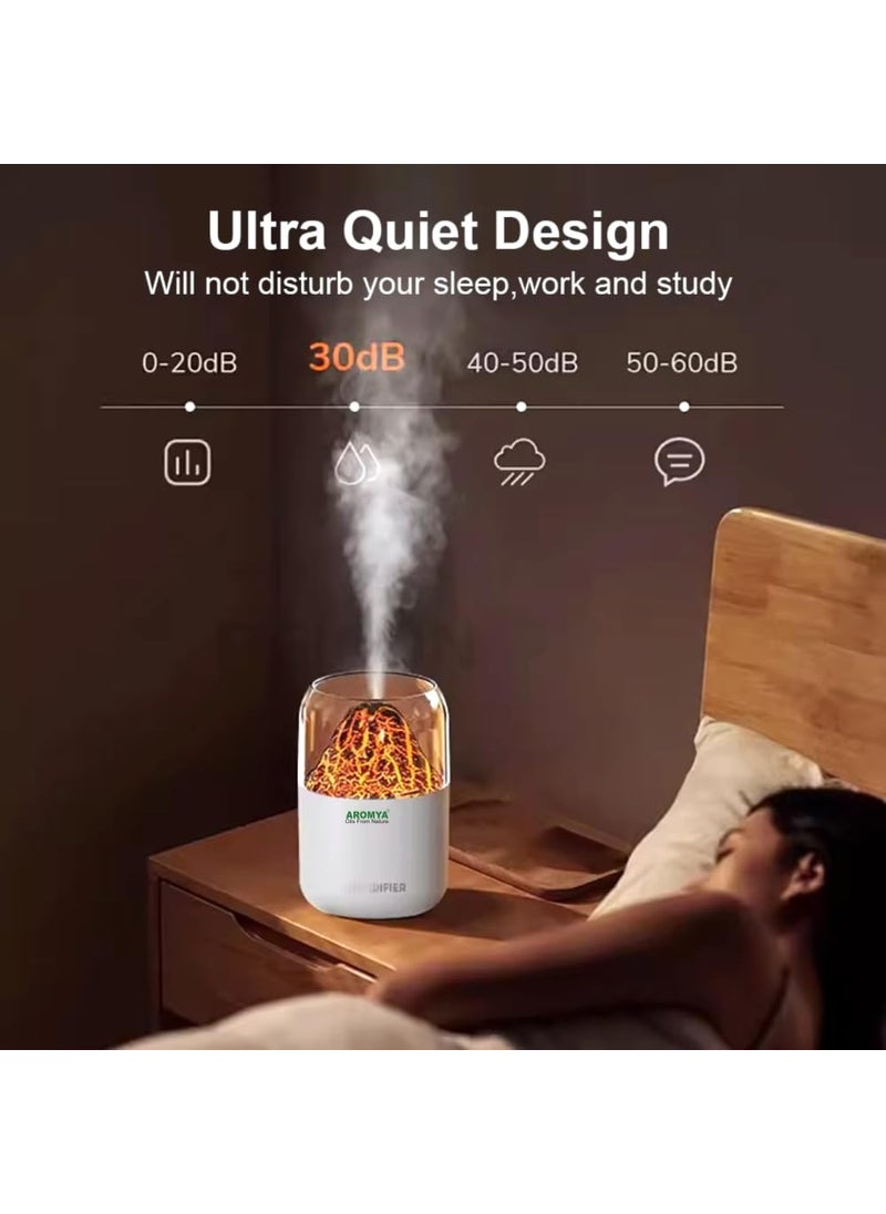 Aromya - oils from nature Aromya oils from nature Mini Volcano Humidifier with LED Flame Effect Ultrasonic Cool Mist and Essential Oil Diffuser 300ml White Design for Home Office Bedroom White Volacano  - Image 2