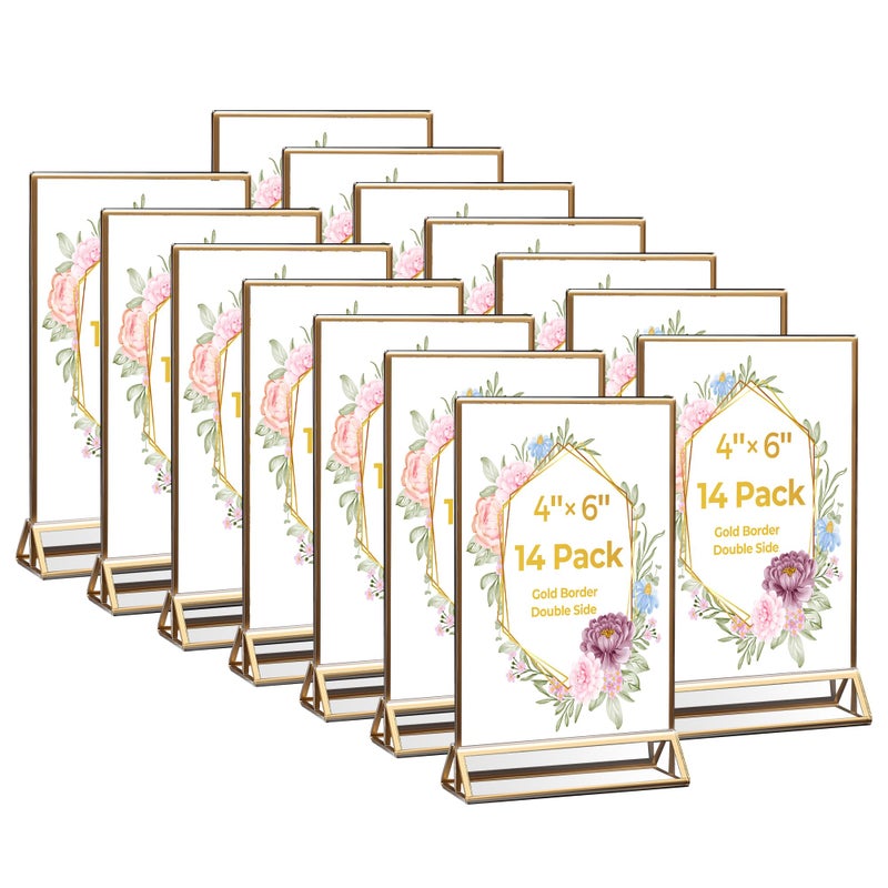 DECOHOBO 14 Pack Acrylic Sign Holder 4x6 Gold Frames, Wedding Table Number Holders Double Sided Vertical Clear Display Stand, Picture Holders for Tables, Menus, Flyers, Party and Office Decor - Image 1
