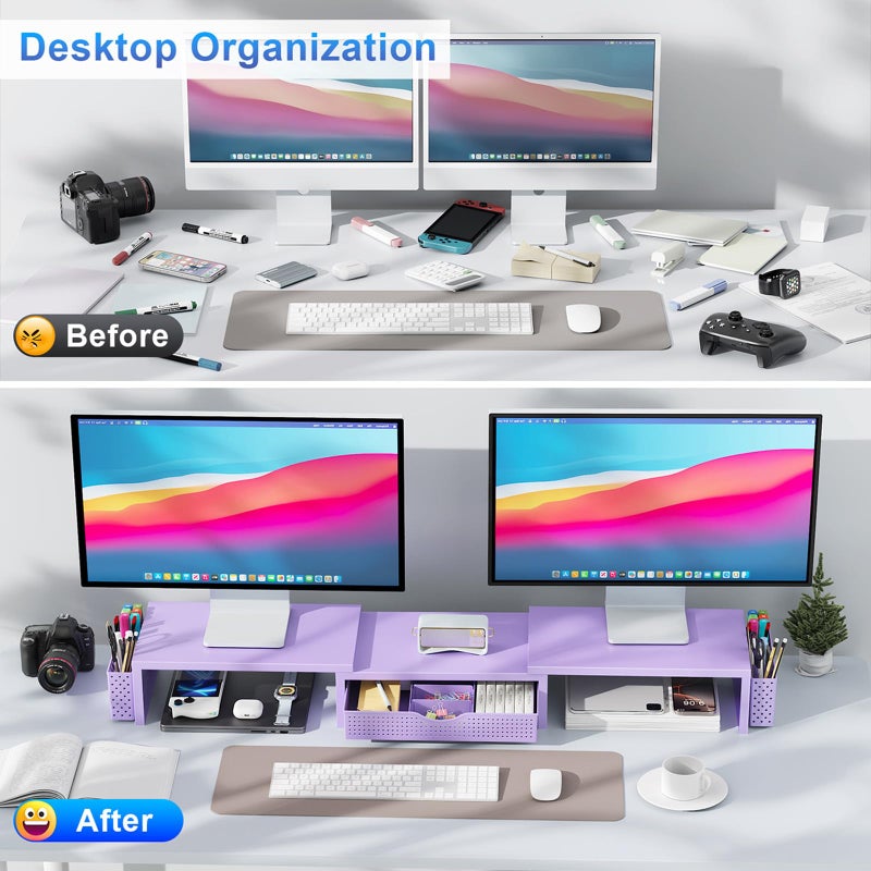 gianotter Dual Monitor Stand Riser, Desk Organizer With Drawer and 2 Pen Holders, Desk Organizers and Accessories, Purple Office Decor (Purple) - Image 2