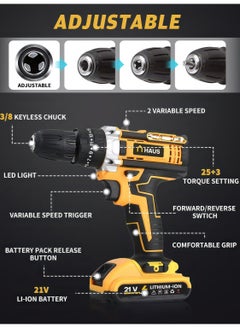 HAUS Cordless Hammer Drill, 2 Batteries, 34 PCS Drill & Screw bits, Sockets, extension,  Power Hammer Drill for Drilling Metal/Concrete/Wood, 25+3 Torque, 50N.m Max, 3/8" Chuck Electric Drill, 2 Speed, LED Light  - Image 3