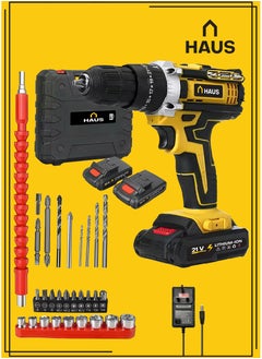 HAUS Cordless Hammer Drill, 2 Batteries, 34 PCS Drill & Screw bits, Sockets, extension,  Power Hammer Drill for Drilling Metal/Concrete/Wood, 25+3 Torque, 50N.m Max, 3/8" Chuck Electric Drill, 2 Speed, LED Light  - Image 1