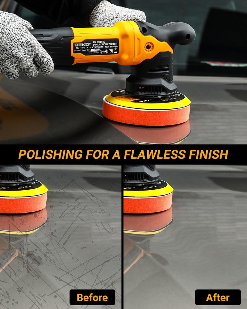DEKOPRO Car Buffer Polisher, 6 Inch Dual Action Orbital Buffer Polisher, 6 Variable Speed 1800-5500OPM Random Polisher Kit with 4 Buffing Pads for Car Detailing Polishing Waxing, DKPO15G80-US - Image 2