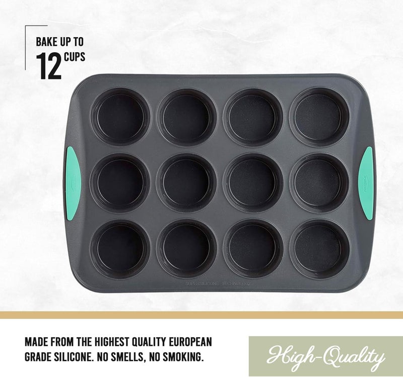 Trudeau Structure Silicone Muffin Pan  12 Cup Flexible Silicone with Hard Lining to Hold Shape NonStick BPAFree Dishwasher Safe Heat Resistant to 428F  GreyMint - Image 3