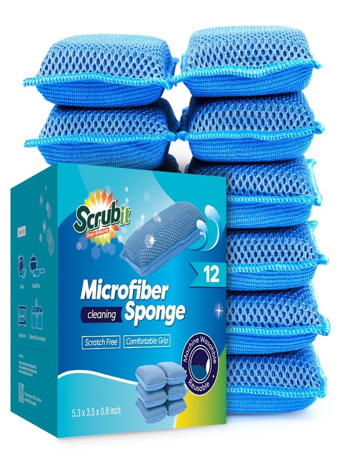 SCRUBIT Reusable Sponges for Dishes - 12 Pack Microfiber Sponges Kitchen Dish Scrubber, Machine Washable & Non-Scratch Scrubbers (Blue) - Image 1