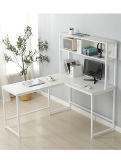 L-Shaped Desk with Hutch, Computer Desk Home Office Gaming Table Workstation with Storage Bookshelf White 140x125x150 cm