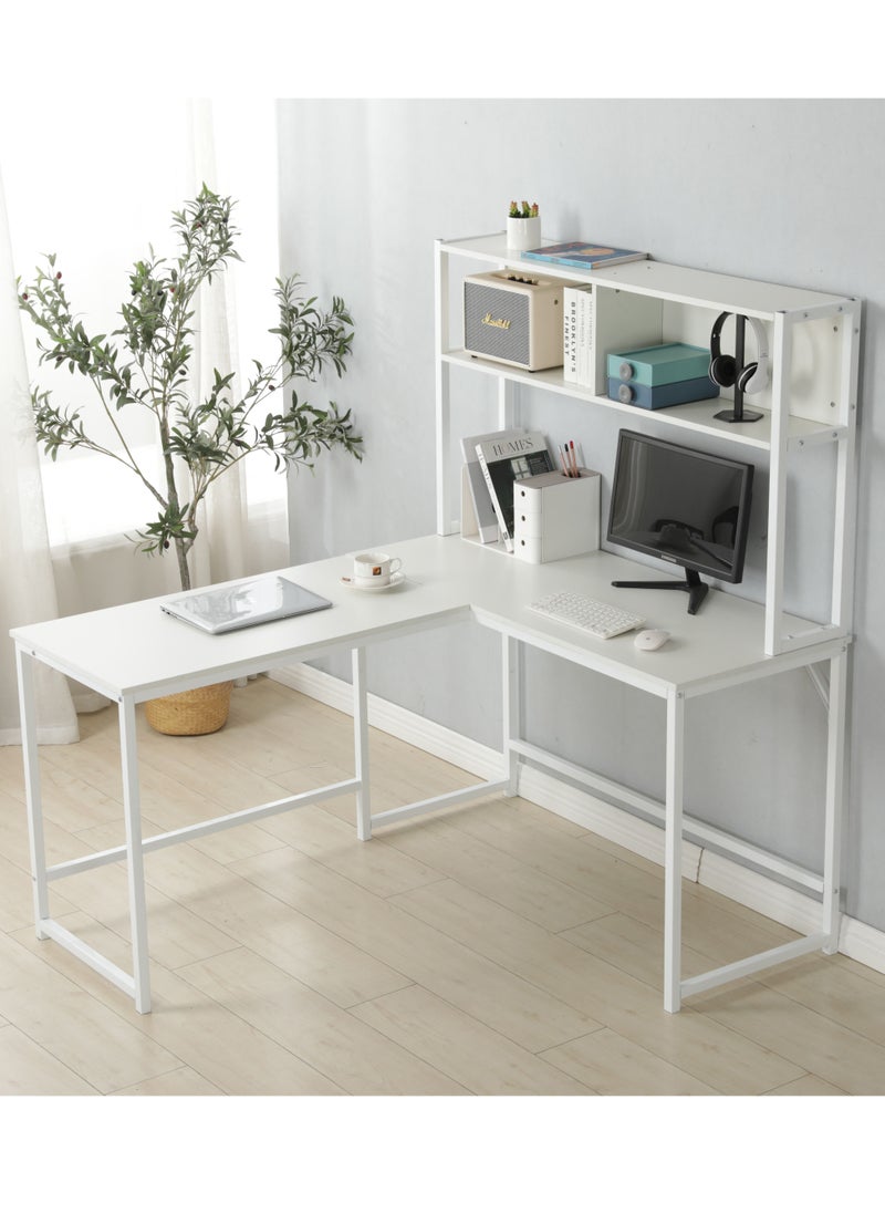 JANTENS - L-Shaped Desk with Hutch, Computer Desk Home Office Gaming Table Workstation with Storage Bookshelf White 140x125x150 cm - Image 1