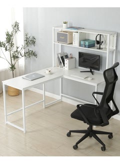 JANTENS L-Shaped Desk with Hutch, Computer Desk Home Office Gaming Table Workstation with Storage Bookshelf White 140x125x150 cm  - Image 2