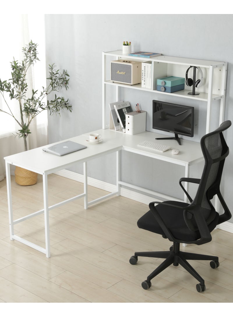JANTENS - L-Shaped Desk with Hutch, Computer Desk Home Office Gaming Table Workstation with Storage Bookshelf White 140x125x150 cm - Image 1