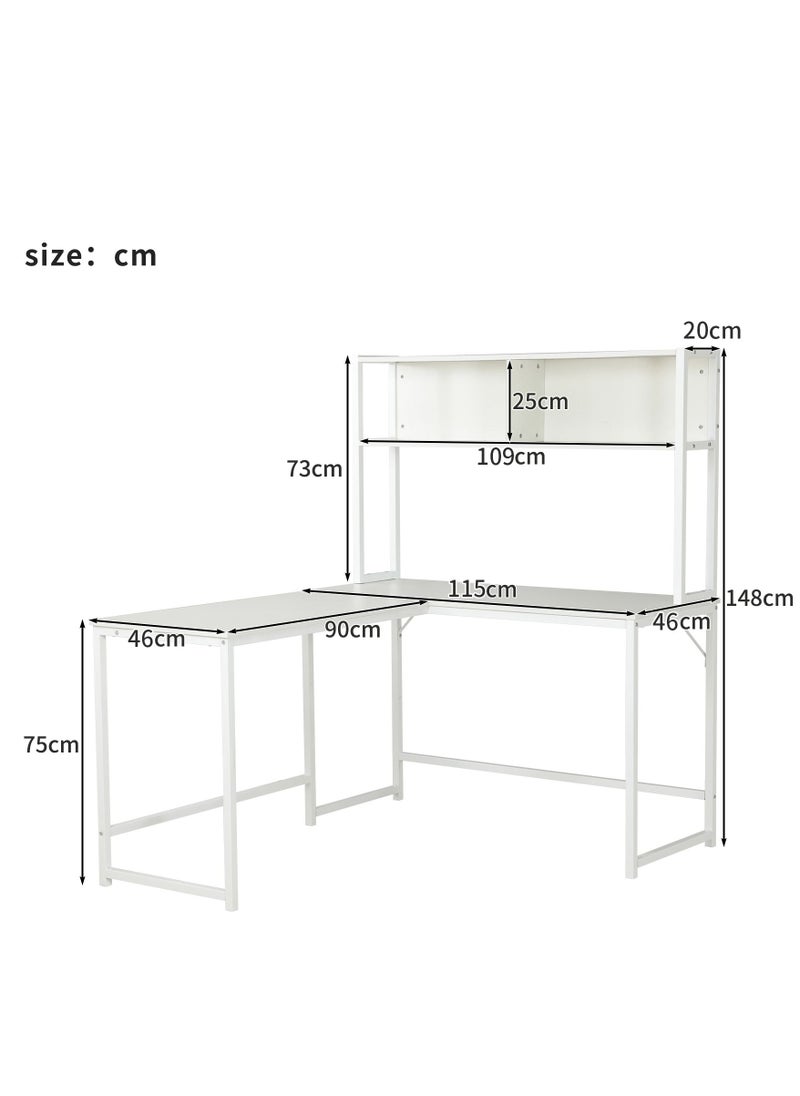 JANTENS - L-Shaped Desk with Hutch, Computer Desk Home Office Gaming Table Workstation with Storage Bookshelf White 140x125x150 cm - Image 1