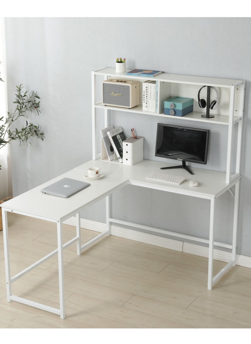 JANTENS - L-Shaped Desk with Hutch, Computer Desk Home Office Gaming Table Workstation with Storage Bookshelf White 140x125x150 cm - Image 1