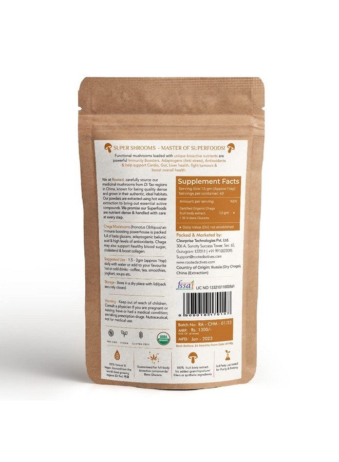 Rooted Actives Siberian Chaga Mushroom Capsules (45 Gm) | Blood Sugar, Heart & Immunity | Usda Organic | 35% Beta Glucans | Certified Organic Siberian - Image 2