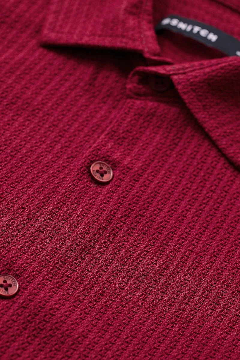 SNITCH Burgundy Textured Long Sleeve Slim Fit Shirt