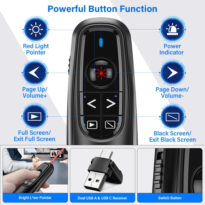 NinjaABXY 2-in-1 USB Type C Presentation Clicker, Wireless Presentation Clicker PowerPoint Presenter Remote with Volume Control, Powerpoint Clicker with Slide Advancer for Computer/Laptop/Mac - Image 2