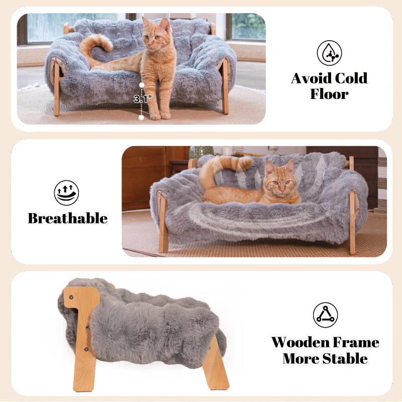 CHEERHOME PETS Elevated Cat Couch Bed for Indoor, Wooden Cats Sofa with Washable Fluffy Cover Raised Kitty Lounge Chair Suitable for Puppy(Cat Sofa,Dark Grey-Blue) - Image 4