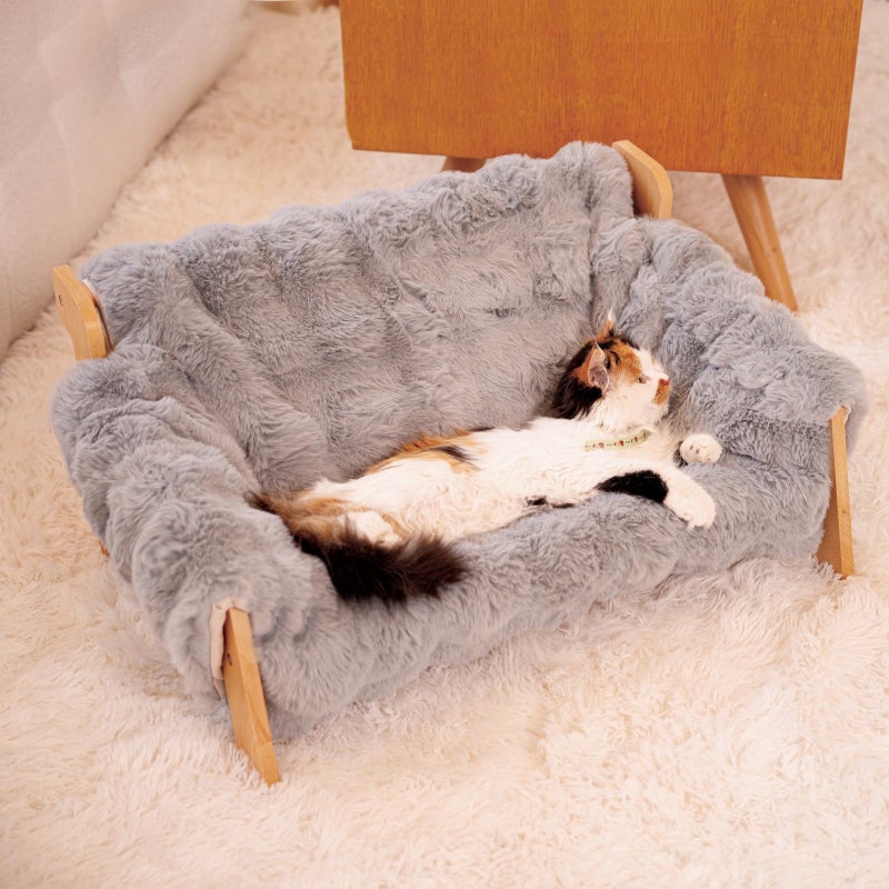 CHEERHOME PETS Elevated Cat Couch Bed for Indoor, Wooden Cats Sofa with Washable Fluffy Cover Raised Kitty Lounge Chair Suitable for Puppy(Cat Sofa,Dark Grey-Blue) - Image 1
