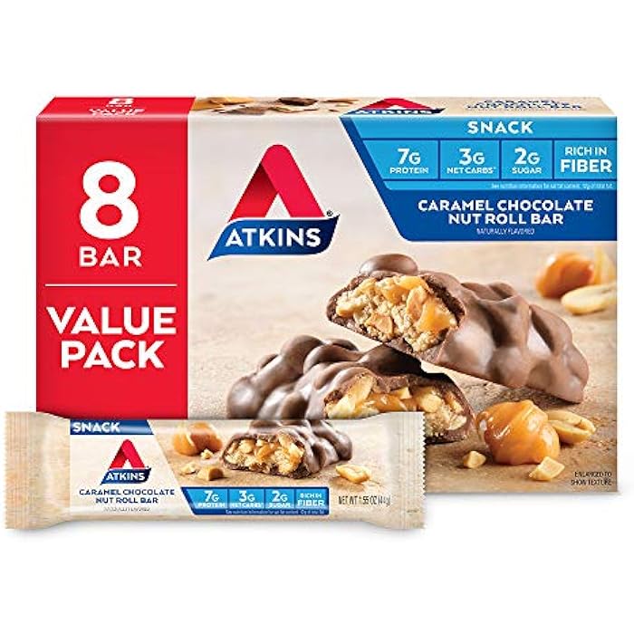 Atkins بار وجبة خفيفة من الشوكولاتة الكراميل والمكسرات من أتكينز، وجبة خفيفة غنية بالبروتين، عالية بالألياف، 2 جرام سكر، 8 قطع - Image 1