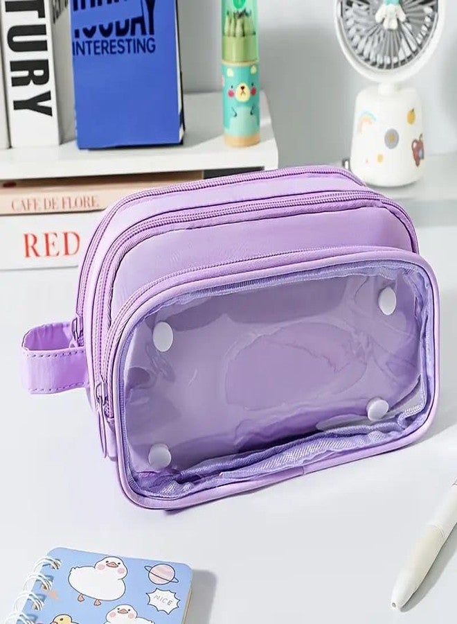 BAG IN ENTERPRISE Transparent Multi-Compartment Pencil Case – Dual Zipper, Large Capacity Organizer with Clear Front Window, Travel-Friendly Stationery Storage Pouch (Purple 03) - Image 3