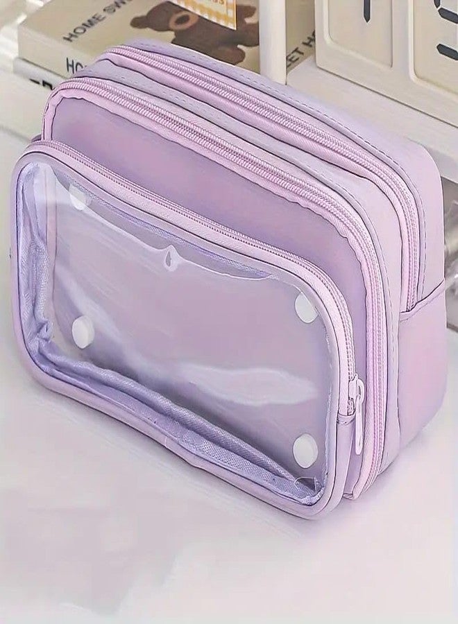 BAG IN ENTERPRISE Transparent Multi-Compartment Pencil Case – Dual Zipper, Large Capacity Organizer with Clear Front Window, Travel-Friendly Stationery Storage Pouch (Purple 03) - Image 2