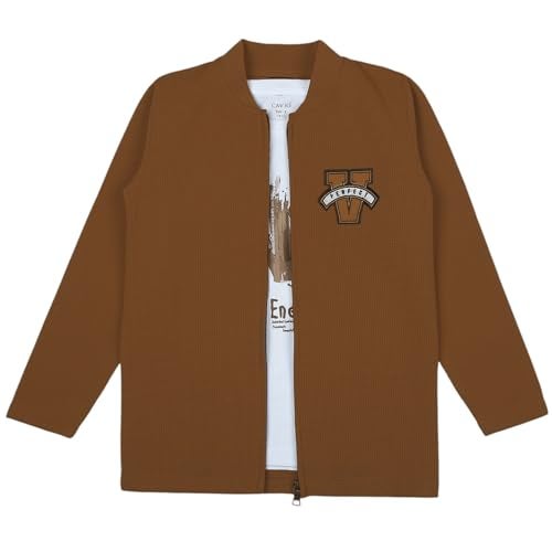 CAVIO Boys Cotton Blend Full Sleeves Zipper Jacket and T-Shirt Brown - Image 1
