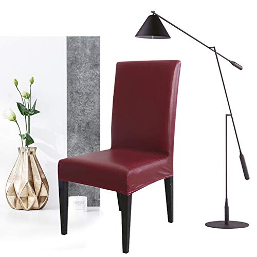 FLYPARTY Stretch Solid Pu Leather Waterproof Dining Chair Cover Slipcover Removable Washable Short Dining Chair Cover Protector Seat Solid Slipcovers for Hotel,Dining Room,Wedding (Wine Red, 4) - Image 3