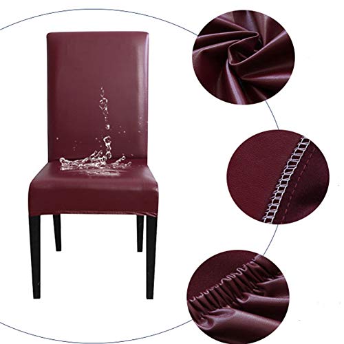 FLYPARTY Stretch Solid Pu Leather Waterproof Dining Chair Cover Slipcover Removable Washable Short Dining Chair Cover Protector Seat Solid Slipcovers for Hotel,Dining Room,Wedding (Wine Red, 4) - Image 2