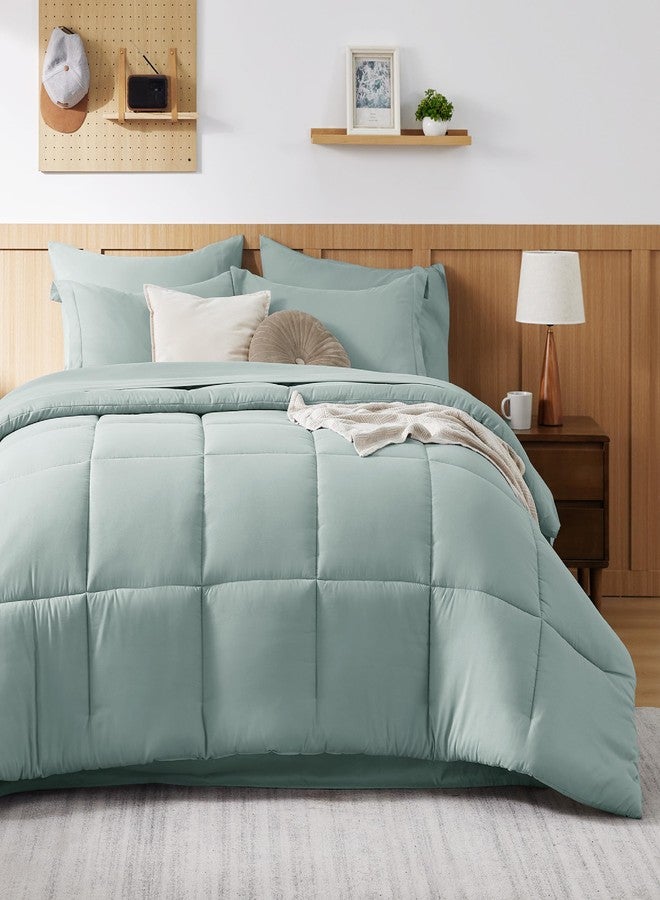 Bedsure Sage Green Comforter Set Queen - 7 Pieces Solid Bed in a Bag, Queen Bed Set with Comforter, Sheets, Pillowcases & Shams - Image 2