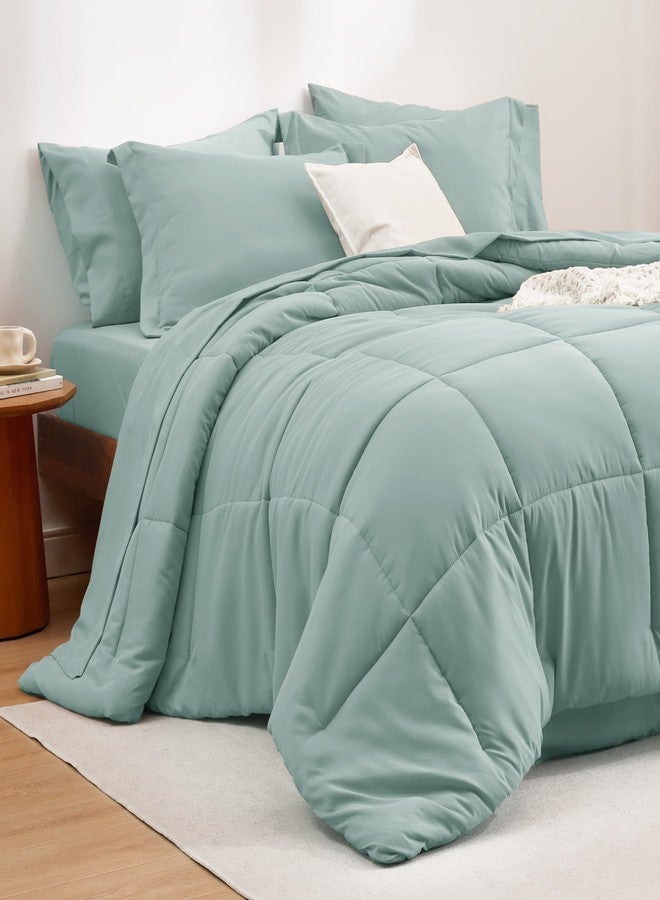 Bedsure Sage Green Comforter Set Queen - 7 Pieces Solid Bed in a Bag, Queen Bed Set with Comforter, Sheets, Pillowcases & Shams - Image 1