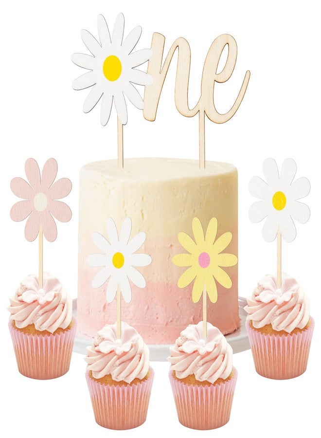 BkeeCten 5PCS Daisy Wood ONE Cake Toppers Painted Colorful Boho Groovy Daisy Flower Dessert Cupcake Topper Decors for Kids Girl One Year Old First Birthday Baby Shower Hippie Party Favors Supplies - Image 1