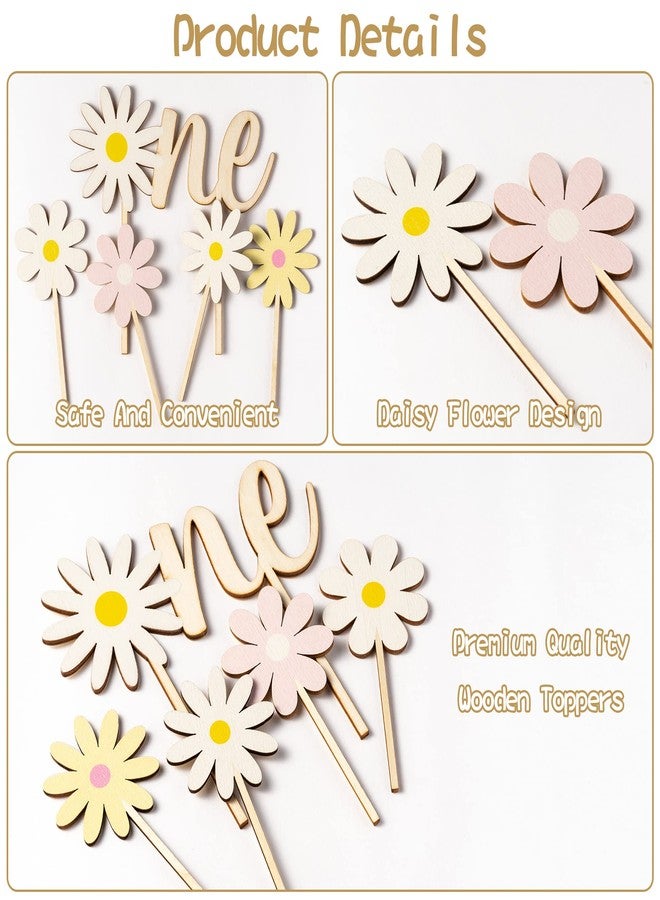 BkeeCten 5PCS Daisy Wood ONE Cake Toppers Painted Colorful Boho Groovy Daisy Flower Dessert Cupcake Topper Decors for Kids Girl One Year Old First Birthday Baby Shower Hippie Party Favors Supplies - Image 4