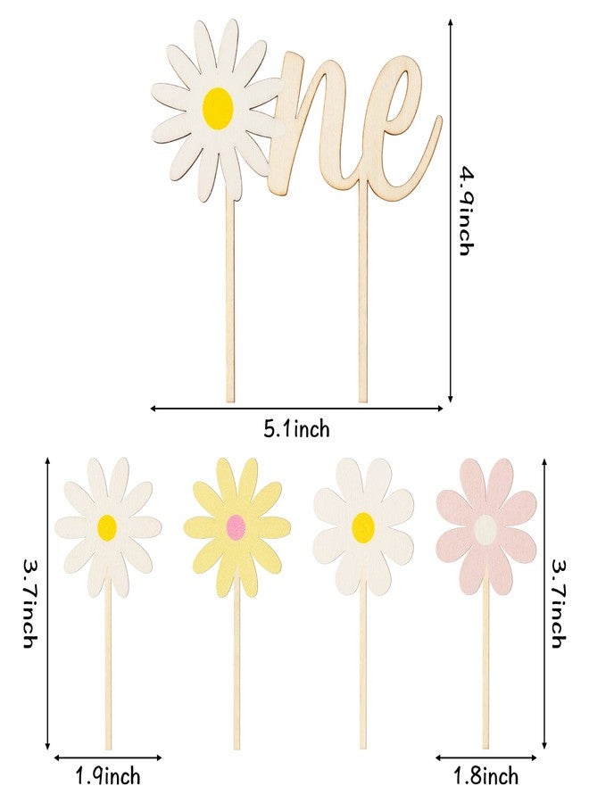 BkeeCten 5PCS Daisy Wood ONE Cake Toppers Painted Colorful Boho Groovy Daisy Flower Dessert Cupcake Topper Decors for Kids Girl One Year Old First Birthday Baby Shower Hippie Party Favors Supplies - Image 2
