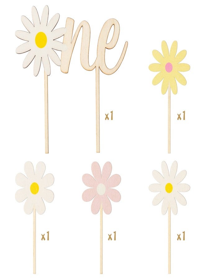 BkeeCten 5PCS Daisy Wood ONE Cake Toppers Painted Colorful Boho Groovy Daisy Flower Dessert Cupcake Topper Decors for Kids Girl One Year Old First Birthday Baby Shower Hippie Party Favors Supplies - Image 3