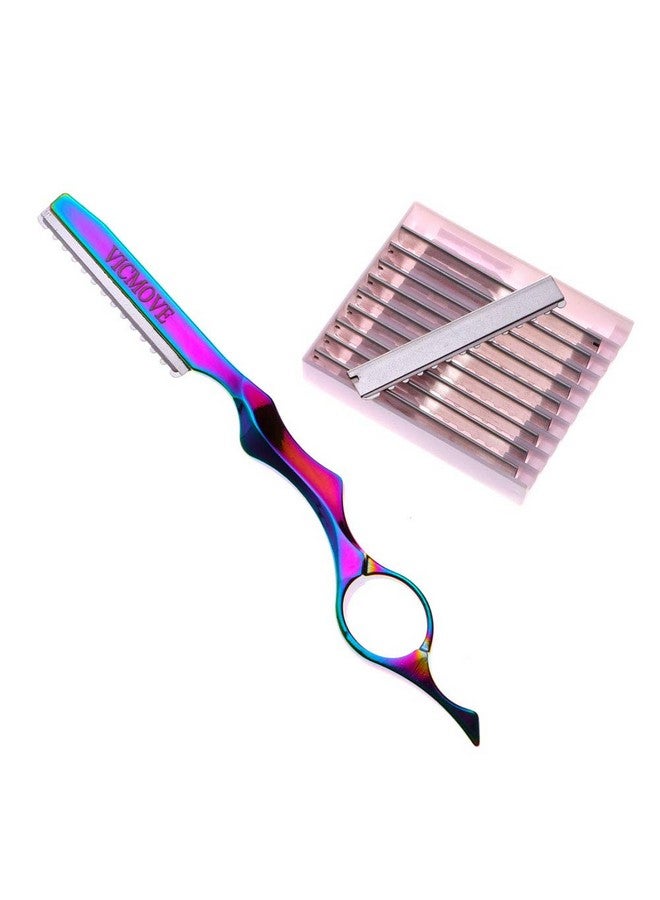 VICMOVE Professional Hair Styling Thinning Texturizing Cutting Feather Razor + 10 Replacement Blades Stainless Steel Rainbow Color - Image 1