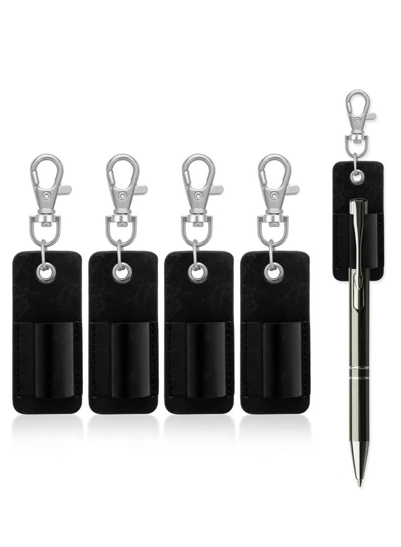 Mmmon 4Pcs Portable Lanyard Pen Holder Metal Keychain,Leather Badge Pencil Holder Leather Pen Pouch Holder Pocket Protector for Badge Holder or Neck Lanyard(Black)  - Image 1