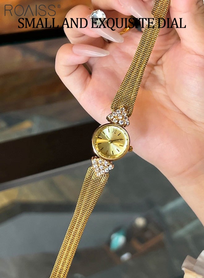 roaiss Luxury Vintage Bracelet Watch for Women, Analog Display Round Gold Dial with Rhinestone Decoration, Fashion Luxury Waterproof Woven Mesh Strap Wristwatch, as Gift for Ladies - Image 2