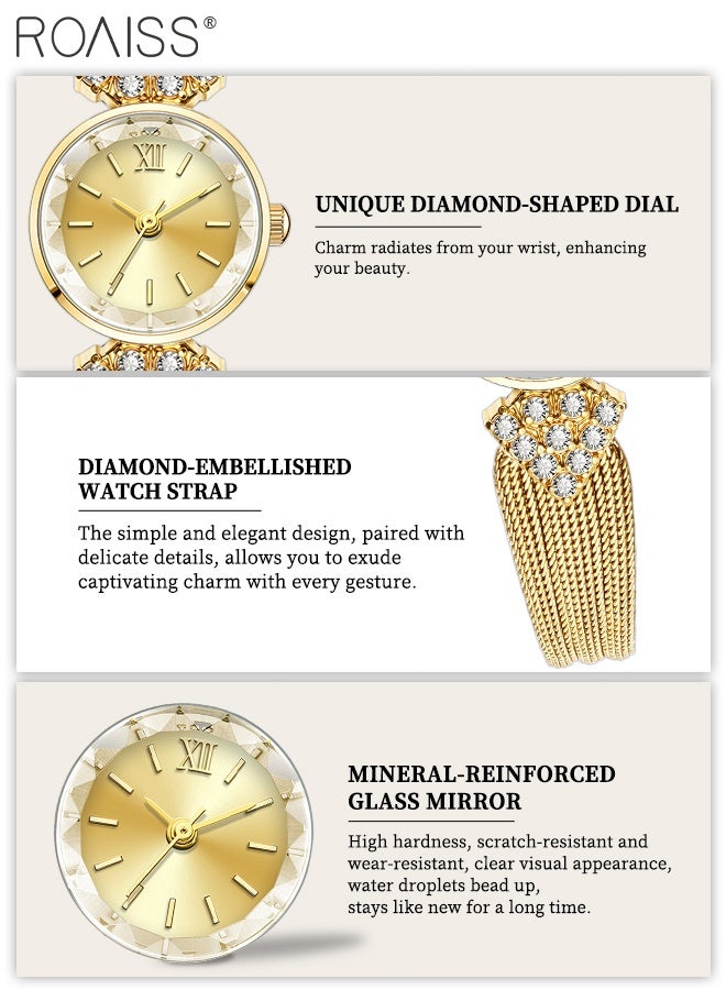 roaiss Luxury Vintage Bracelet Watch for Women, Analog Display Round Gold Dial with Rhinestone Decoration, Fashion Luxury Waterproof Woven Mesh Strap Wristwatch, as Gift for Ladies - Image 5