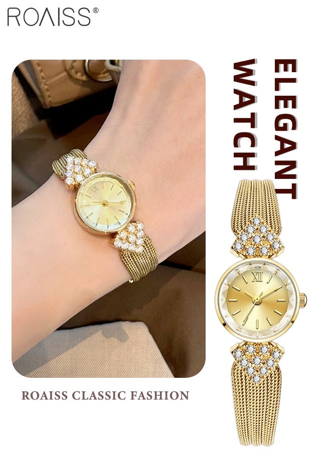 roaiss Luxury Vintage Bracelet Watch for Women, Analog Display Round Gold Dial with Rhinestone Decoration, Fashion Luxury Waterproof Woven Mesh Strap Wristwatch, as Gift for Ladies - Image 1